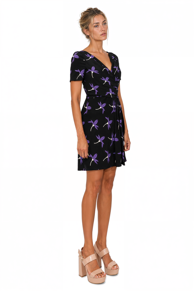 Valentino Floral Print Faux-Wrap Mini Dress in Black & Purple