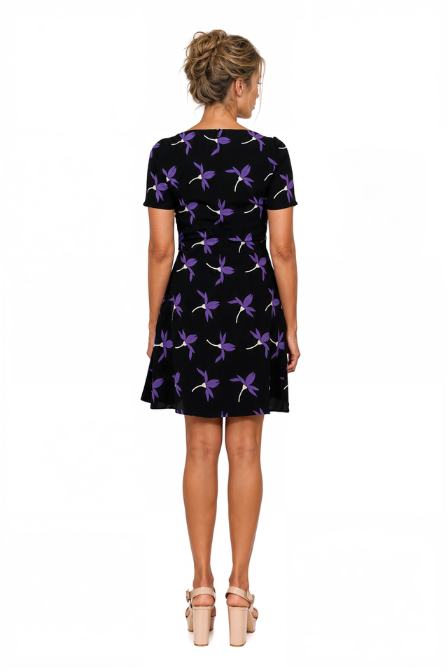 Valentino Floral Print Faux-Wrap Mini Dress in Black & Purple