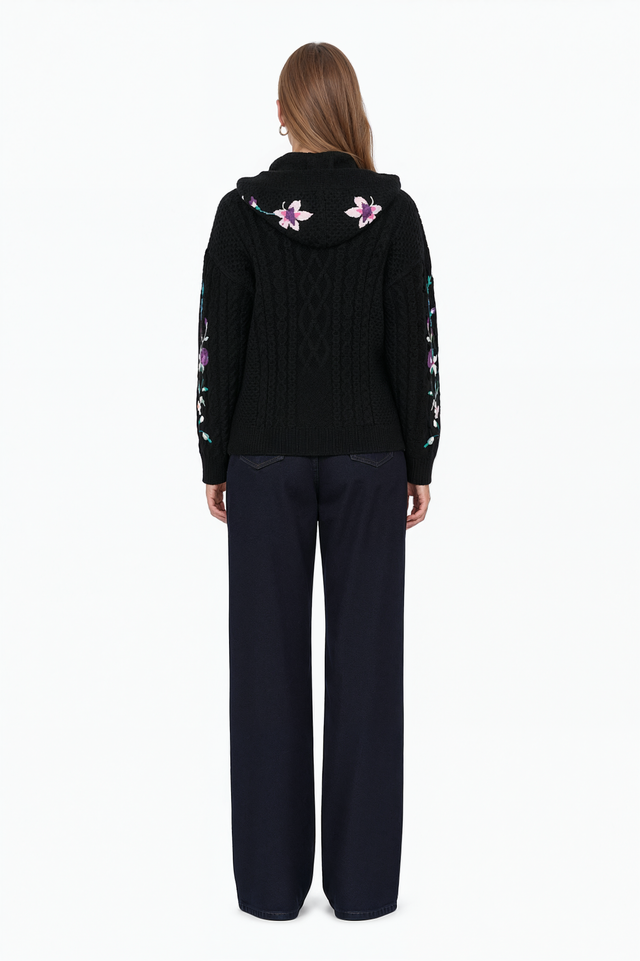 Valentino black wool hooded cardigan with lilac, pink and teal floral embroidery