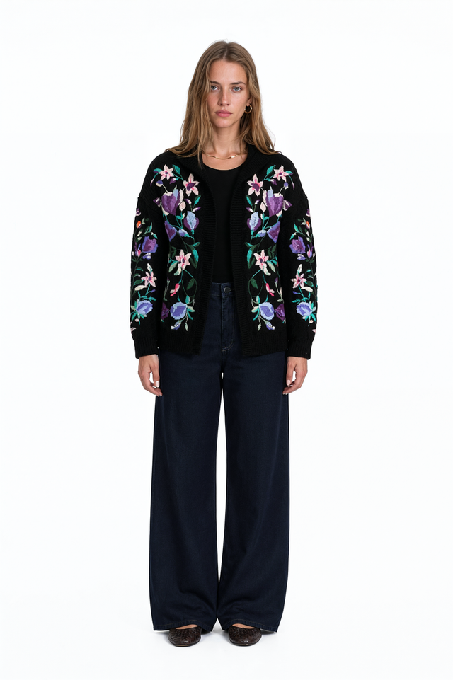 Valentino black wool hooded cardigan with lilac, pink and teal floral embroidery