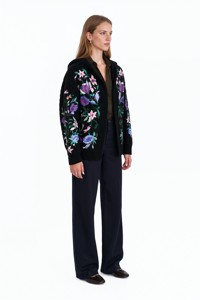 Valentino black wool hooded cardigan with lilac, pink and teal floral embroidery