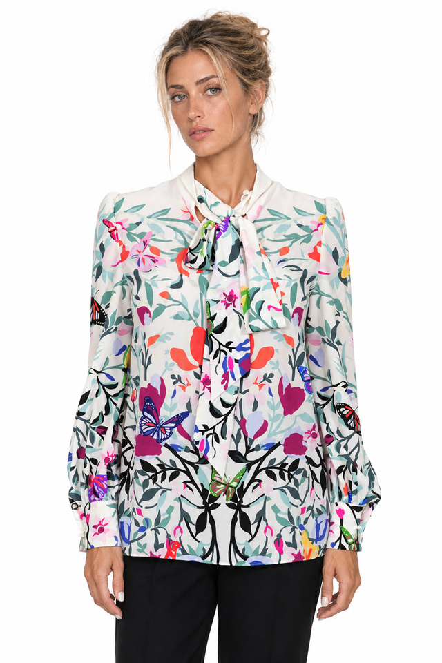 Valentino Garavani Butterfly & Botanical Silk Pussy-Bow Blouse