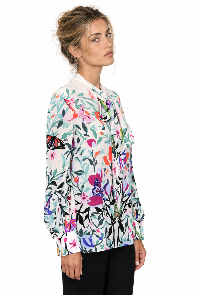Valentino Garavani Butterfly & Botanical Silk Pussy-Bow Blouse