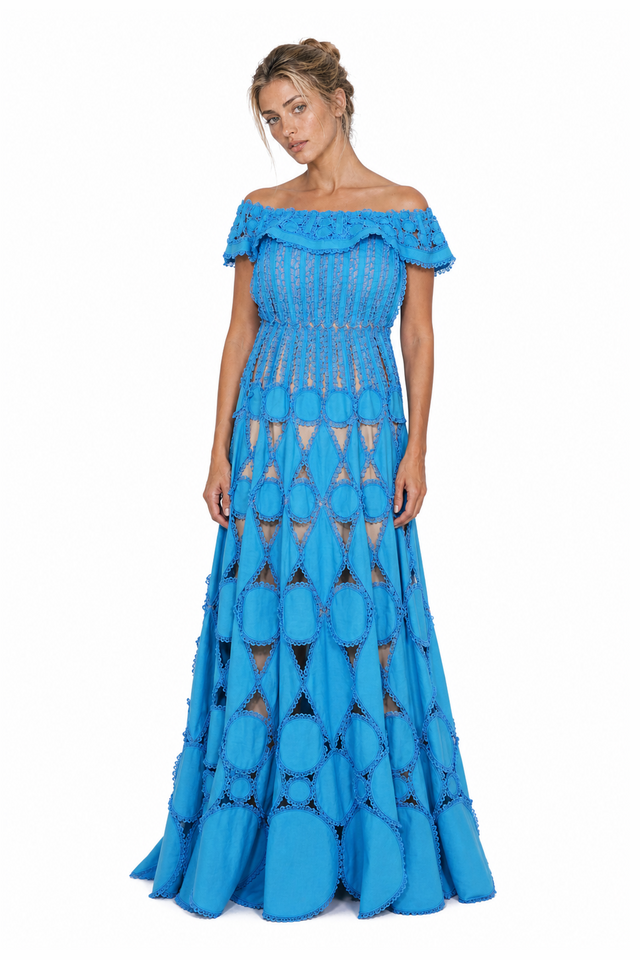 Valentino Cutout Macramé Off-the-Shoulder Evening Gown in Azure Blue