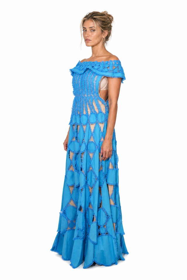 Valentino Cutout Macramé Off-the-Shoulder Evening Gown in Azure Blue