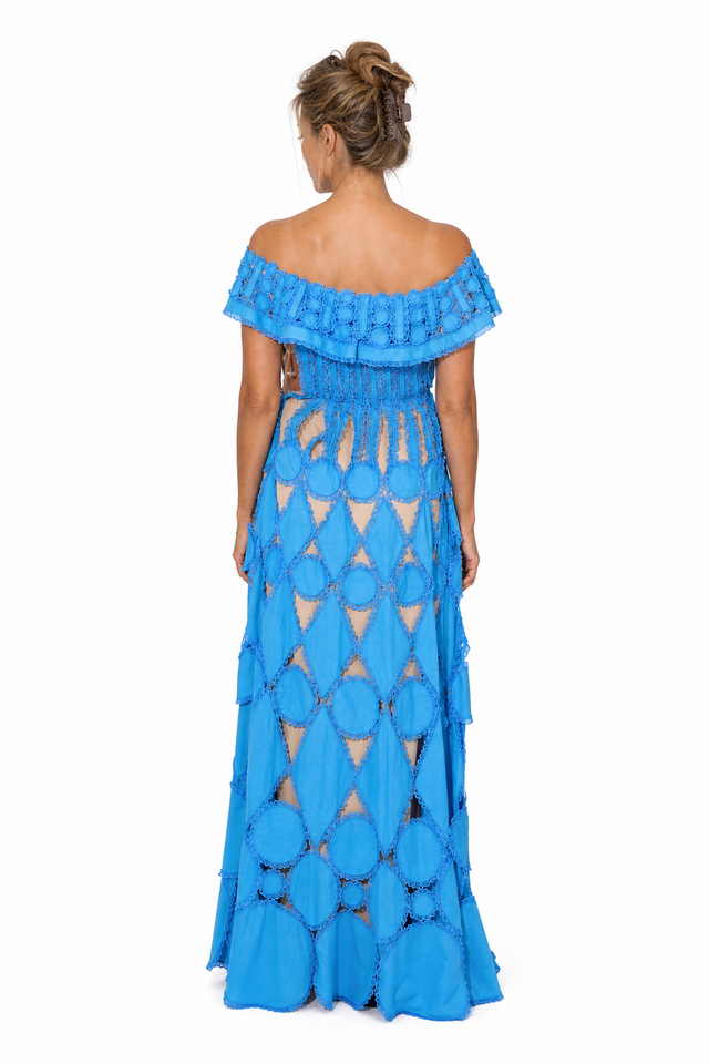 Valentino Cutout Macramé Off-the-Shoulder Evening Gown in Azure Blue