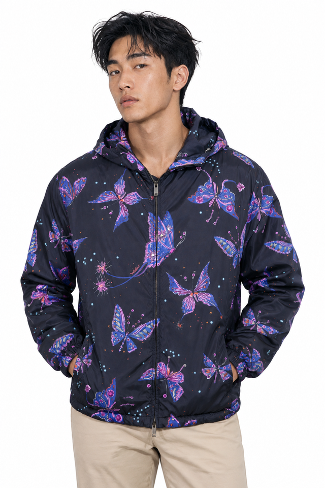 Valentino Men's Butterfly Print Hooded Windbreaker Jacket in Dark Navy