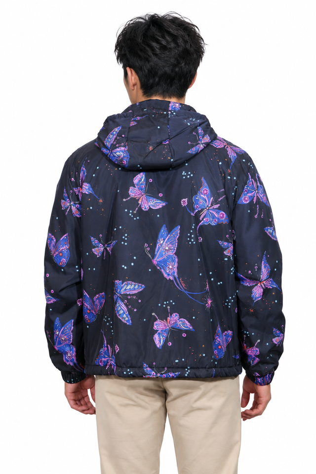 Valentino Men's Butterfly Print Hooded Windbreaker Jacket in Dark Navy