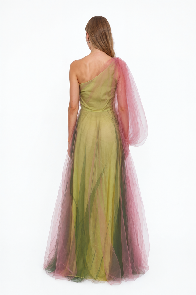 Back view of a Valentino multicolour ombré tulle one-shoulder gown
