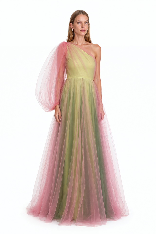 Valentino ombré tulle one-shoulder gown in rose, chartreuse and moss – front view