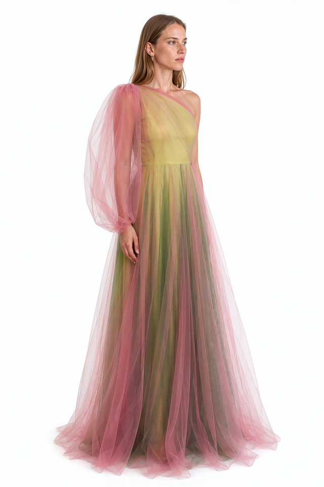 Side view of a Valentino ombré tulle gown with single balloon sleeve and full skirt