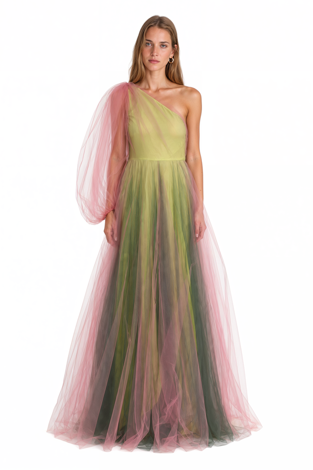 Valentino Ombré Tulle One-Shoulder Gown – Multicolour Maxi Dress