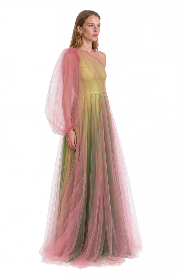 Valentino Ombré Tulle One-Shoulder Gown – Multicolour Maxi Dress