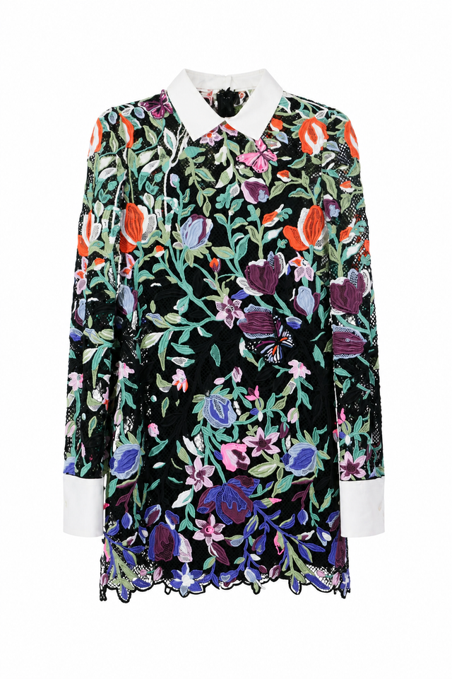 Valentino Embroidered Floral Lace Mini Dress with White Collar & Cuffs