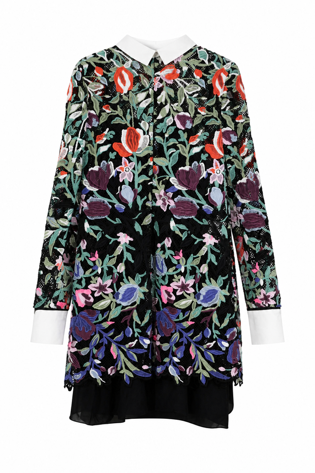 Valentino Embroidered Floral Lace Mini Dress with White Collar & Cuffs