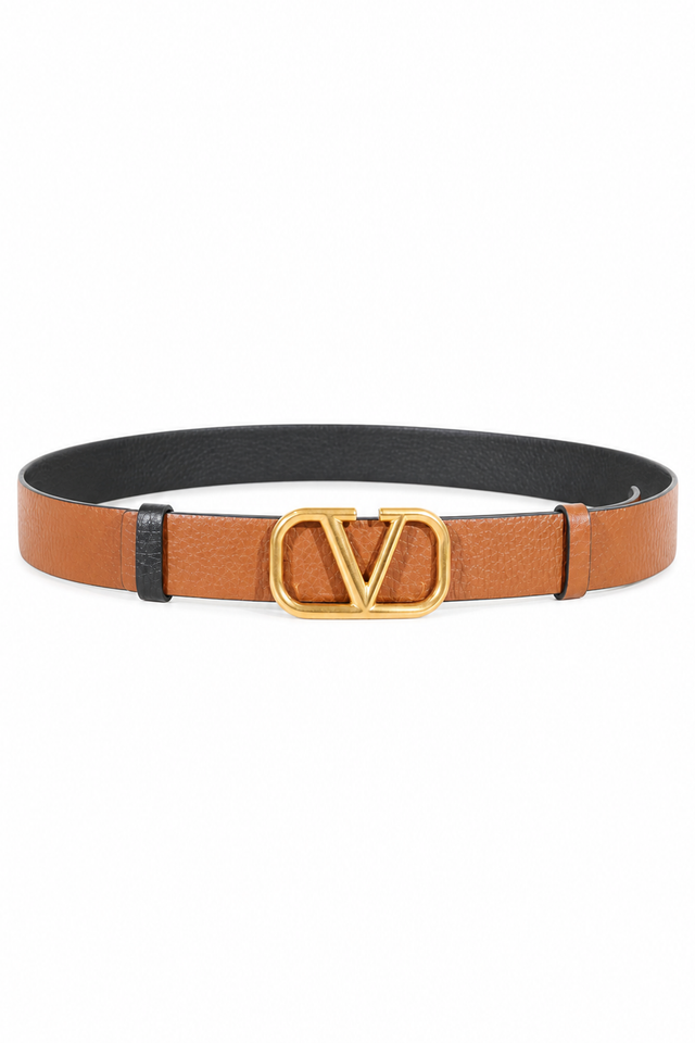 Valentino Garavani VLogo Reversible Grained Leather Belt in Black & Cognac Brown