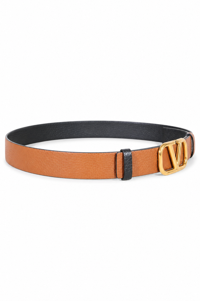 Valentino Garavani VLogo Reversible Grained Leather Belt in Black & Cognac Brown