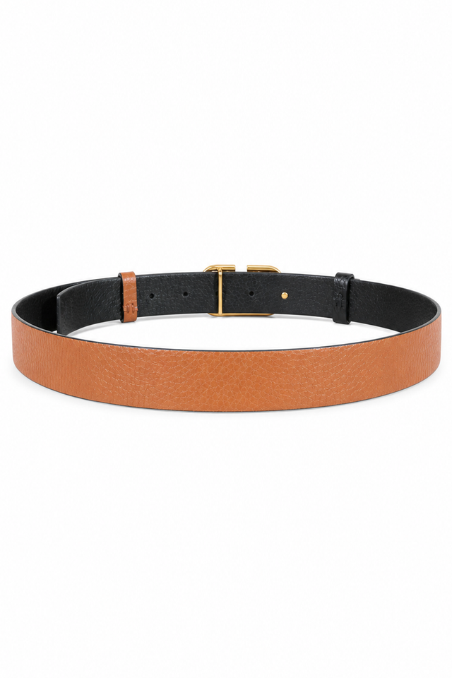 Valentino Garavani VLogo Reversible Grained Leather Belt in Black & Cognac Brown