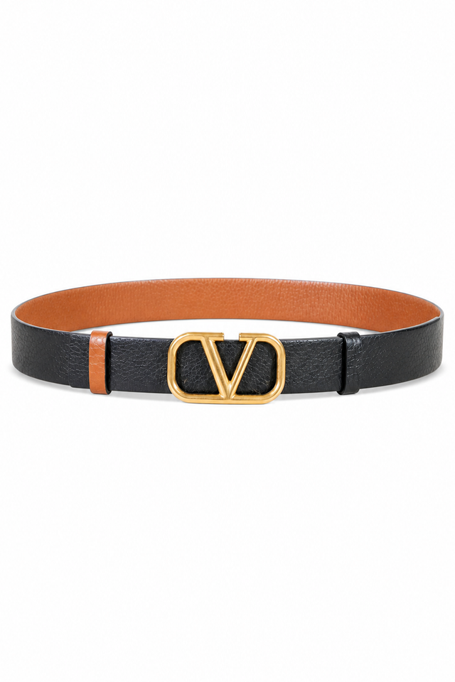 Valentino Garavani VLogo Reversible Grained Leather Belt in Black & Cognac Brown