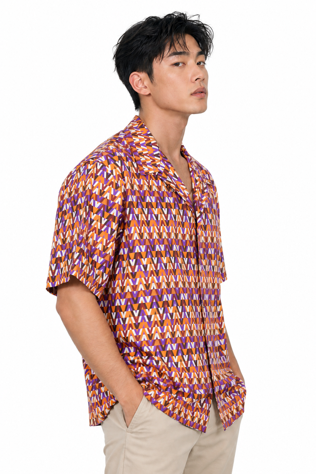 Valentino Men's Geometric Scale Print Silk Bowling Shirt in Mint & Purple