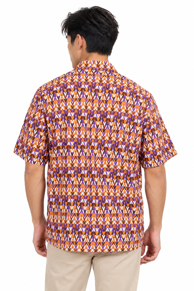 Valentino Men's Geometric Scale Print Silk Bowling Shirt in Mint & Purple