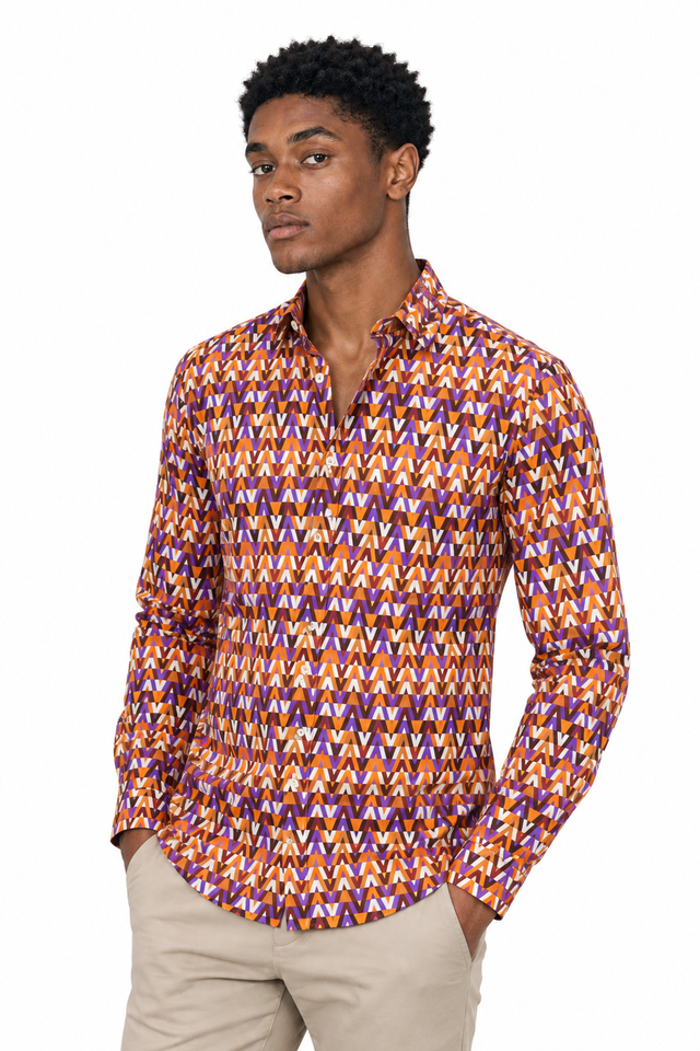 Valentino V-Optical Printed Silk Long-Sleeve Shirt