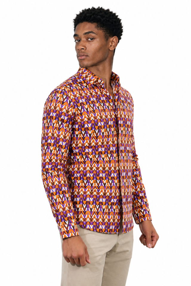 Valentino V-Optical Printed Silk Long-Sleeve Shirt