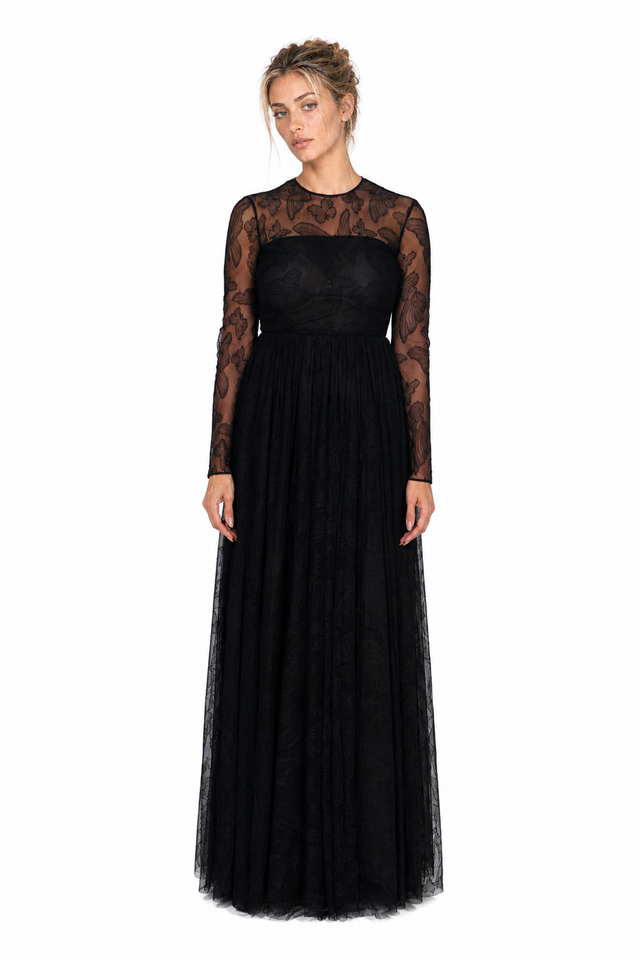 Valentino Women's Butterfly Embroidered Long-Sleeve Tulle Gown in Black