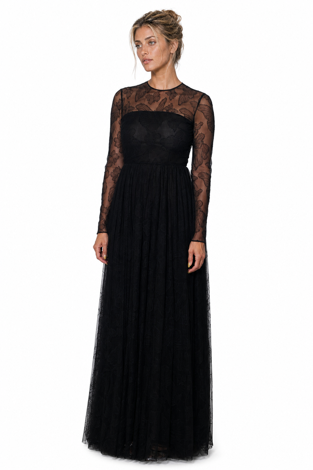 Valentino Women's Butterfly Embroidered Long-Sleeve Tulle Gown in Black