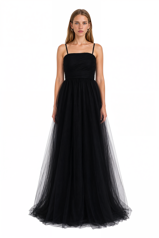 Front view of Valentino black layered tulle gown with ruched square-neck bodice and spaghetti straps