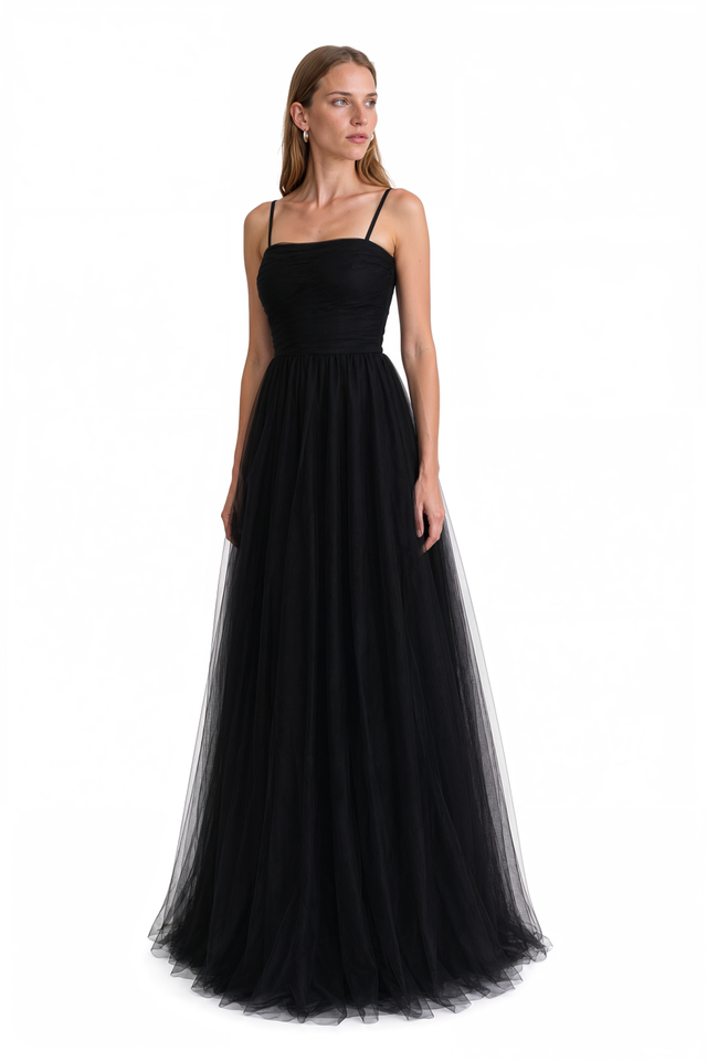 Three-quarter view of Valentino black tulle gown showing the full A-line skirt