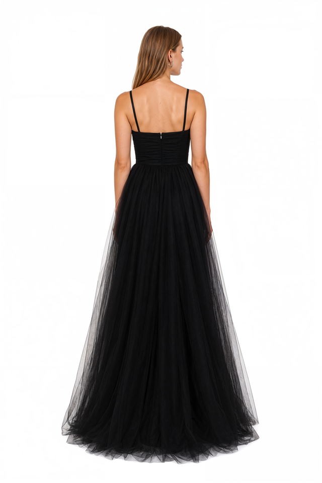 Back view of Valentino black layered tulle A-line maxi gown