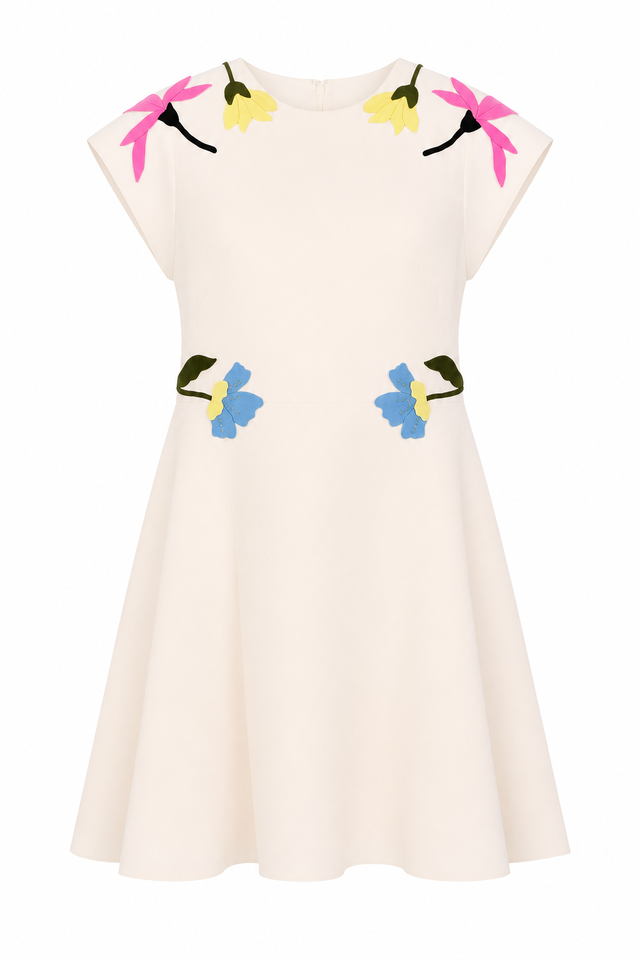 Valentino Floral Appliqué Fit & Flare Crepe Dress in Ivory