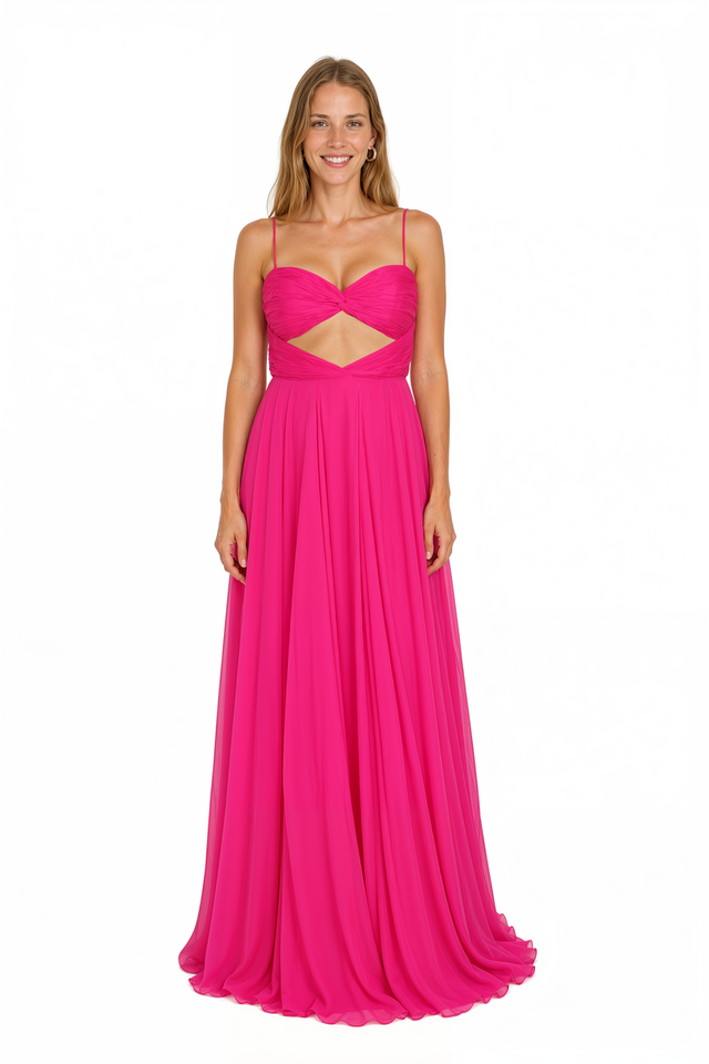Front view of Valentino fuchsia pink silk chiffon gown with ruched twist-front sweetheart bodice and midriff cutout