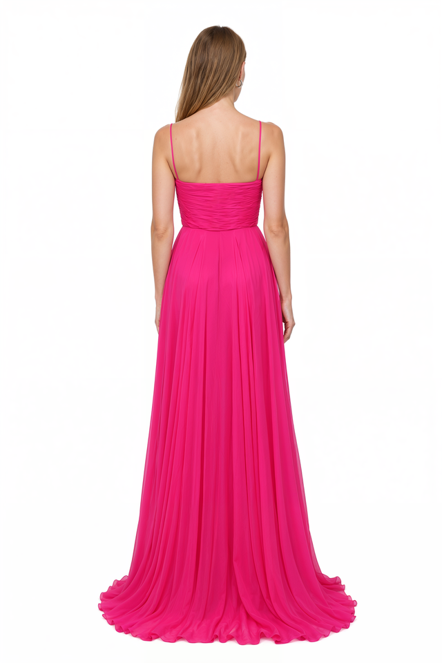 Back view of Valentino fuchsia pink silk chiffon maxi gown with sweeping chiffon hem
