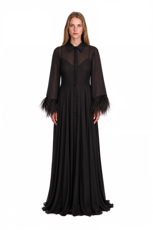 Valentino black chiffon shirt gown with feather-trimmed cuffs – front view