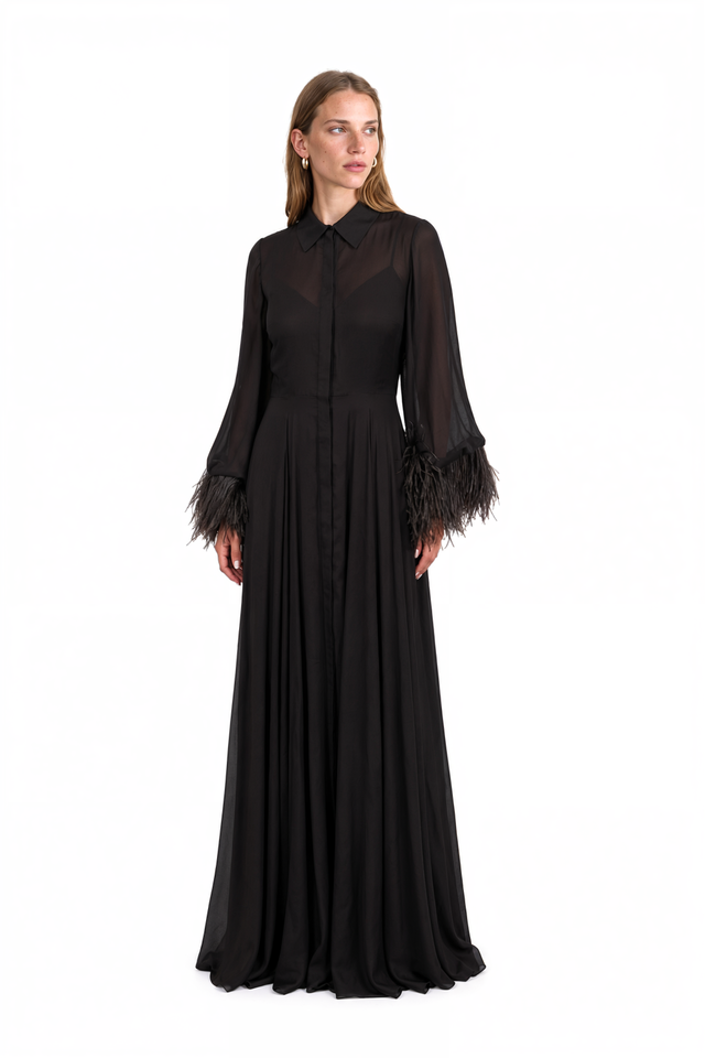 Side view of a Valentino black chiffon shirt gown with blouson sleeves