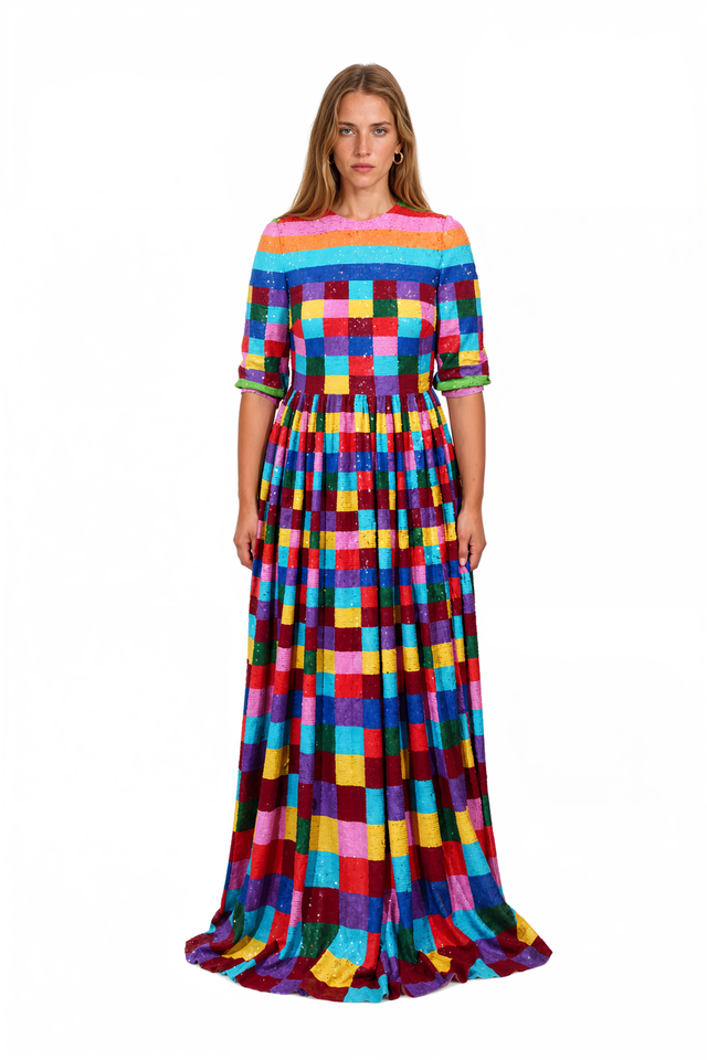 Valentino multicolour check sequin gown with elbow-length sleeves – front view