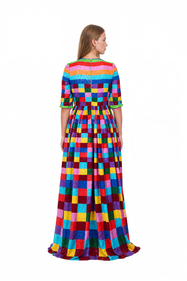 Back view of a Valentino multicolour check sequin gown