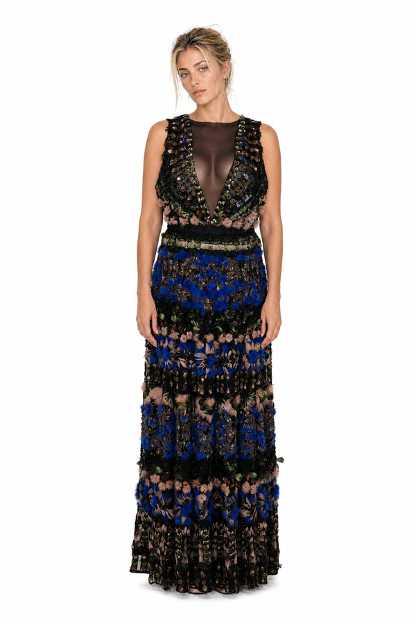 Valentino Women's Feather & Sequin Embroidered Tiered Gown in Multicolored Blue & Black