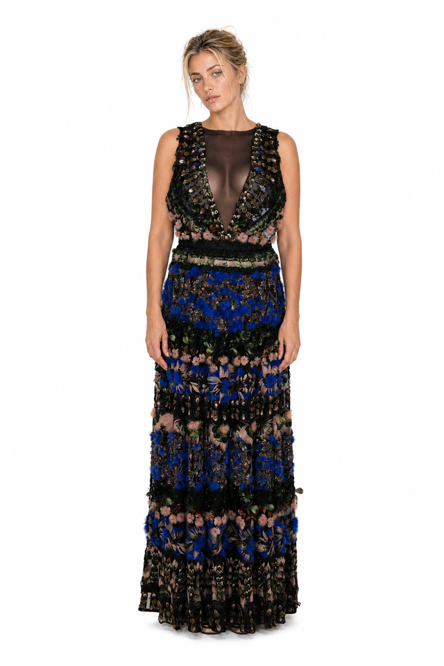 Valentino Women's Feather & Sequin Embroidered Tiered Gown in Multicolored Blue & Black