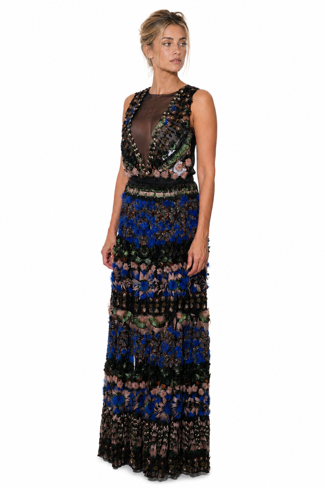 Valentino Women's Feather & Sequin Embroidered Tiered Gown in Multicolored Blue & Black