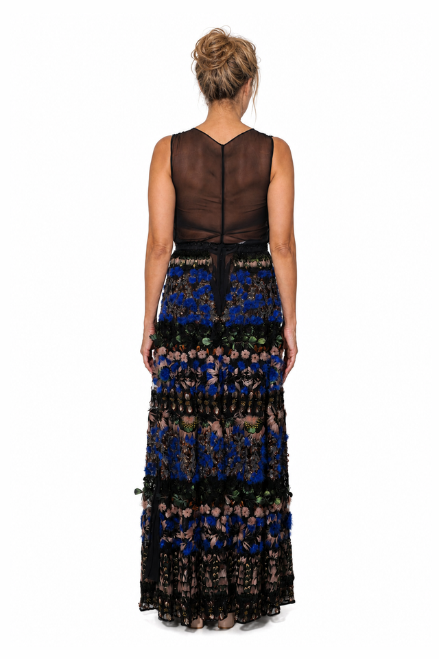 Valentino Women's Feather & Sequin Embroidered Tiered Gown in Multicolored Blue & Black