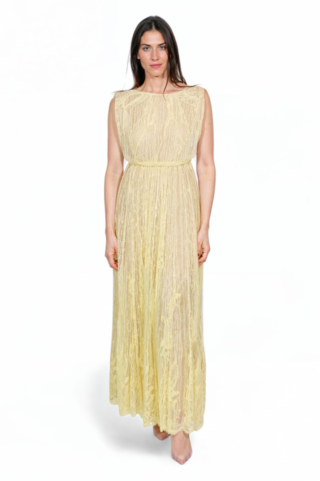 Valentino Lemon Yellow Lace Sleeveless Gown