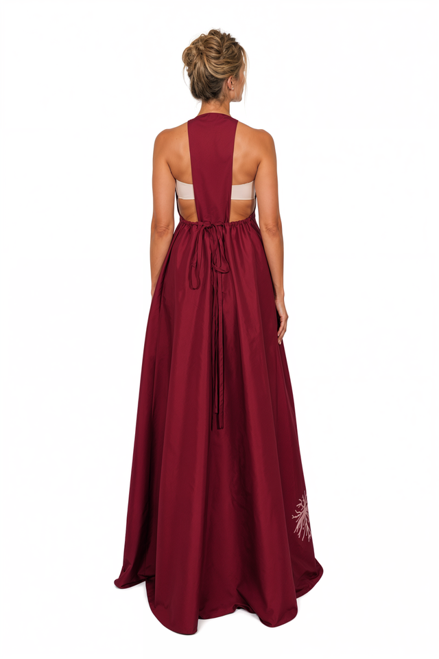 Valentino Coral-Embroidered Halter Maxi Gown in Burgundy
