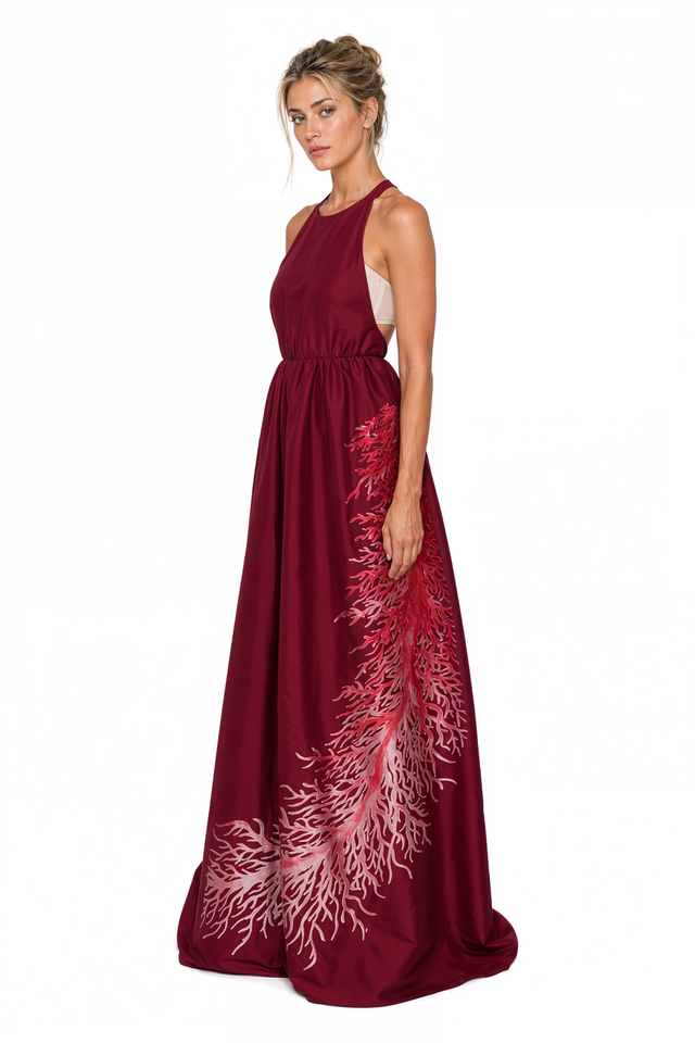 Valentino Coral-Embroidered Halter Maxi Gown in Burgundy