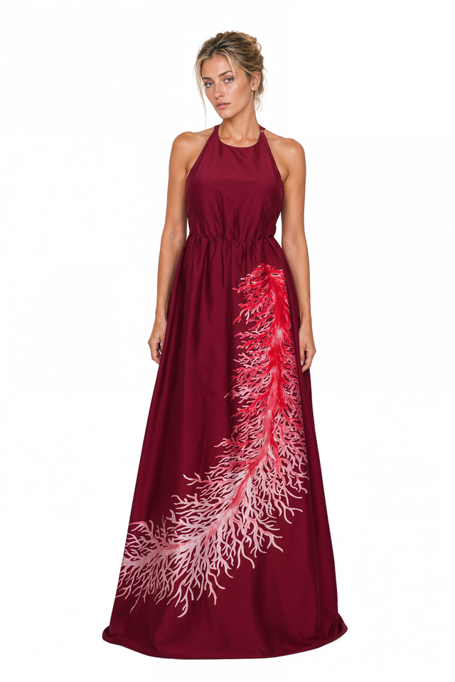 Valentino Coral-Embroidered Halter Maxi Gown in Burgundy