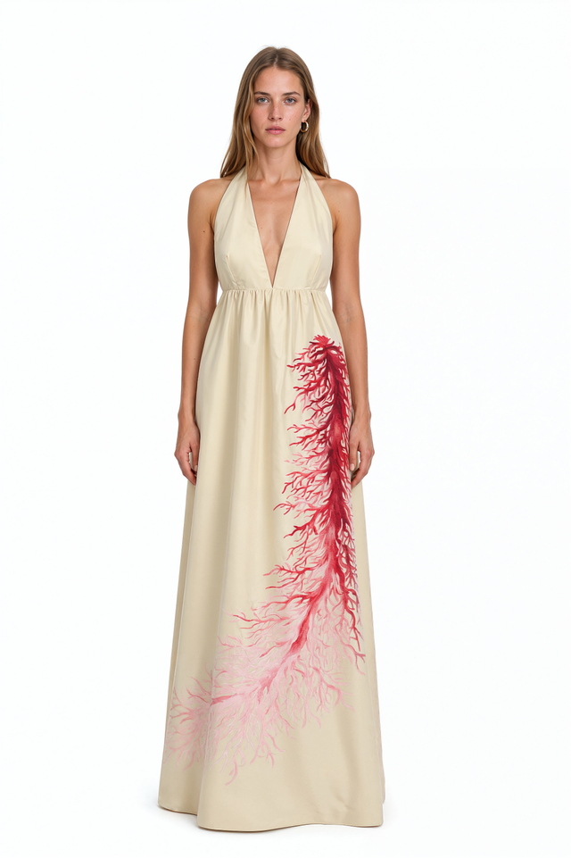 Valentino ivory silk halter gown with crimson coral print and plunging neckline – front view