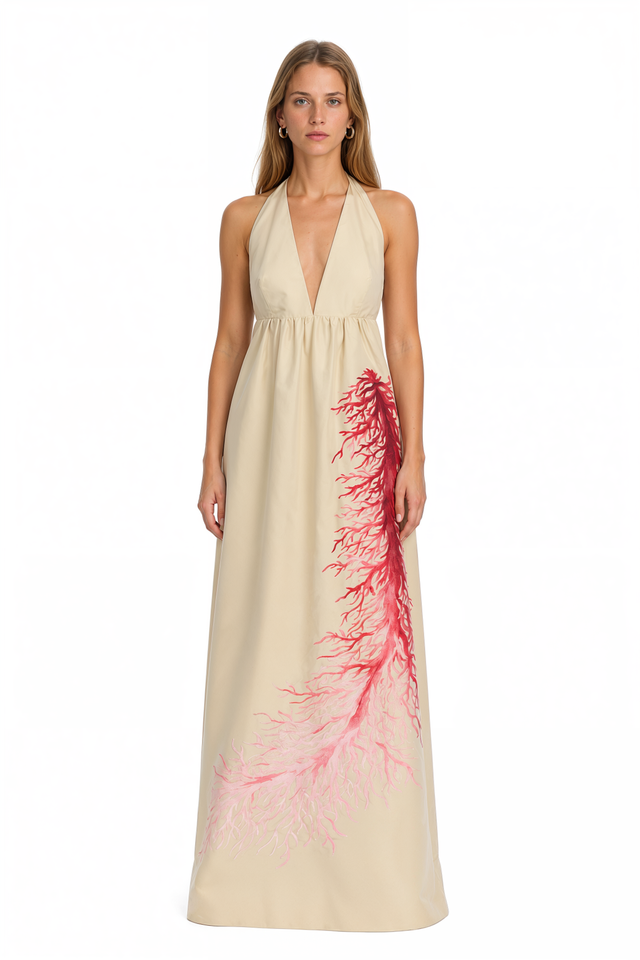 Valentino Coral Print Halter Gown – Ivory Plunge Neck Maxi Dress