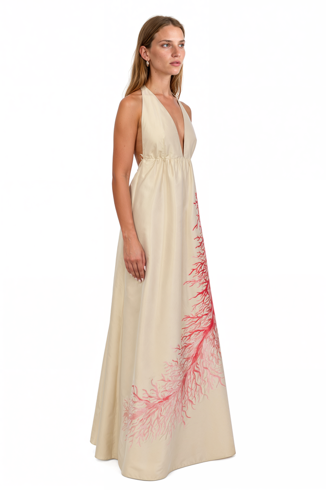 Valentino Coral Print Halter Gown – Ivory Plunge Neck Maxi Dress